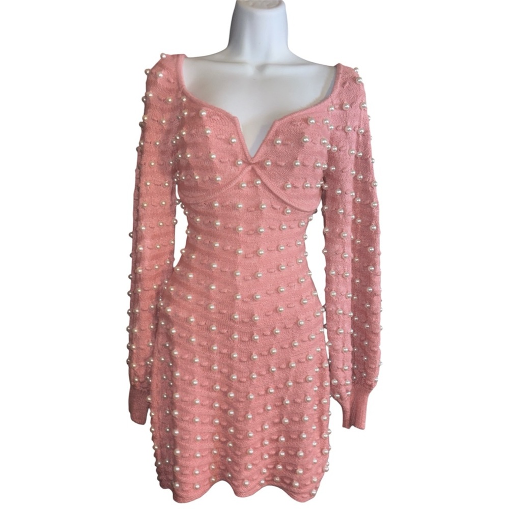 ASOS DESIGN Pearl Embellished Plunge Neck Knit Mini Dress – Size 4